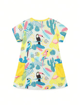 1pc Toddler Girls" Casual Cartoon Bird Printed Short Sleeve Round Neck Dress With Pockets, Summer